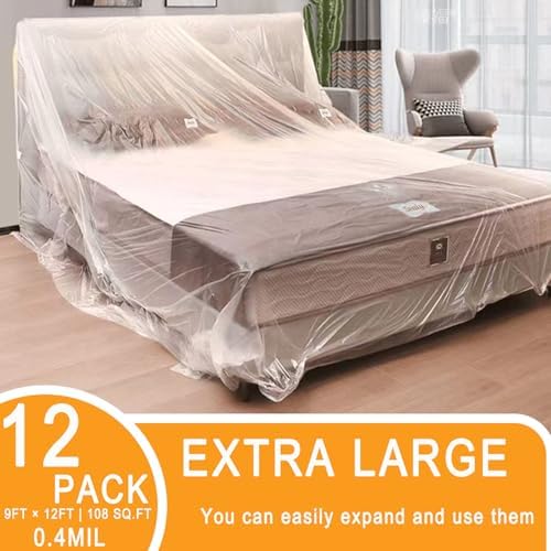 12 Pack Drop Cloth Plastic Sheeting, 9 x 12 FT Heavy Duty Painters Tarp - Image 4