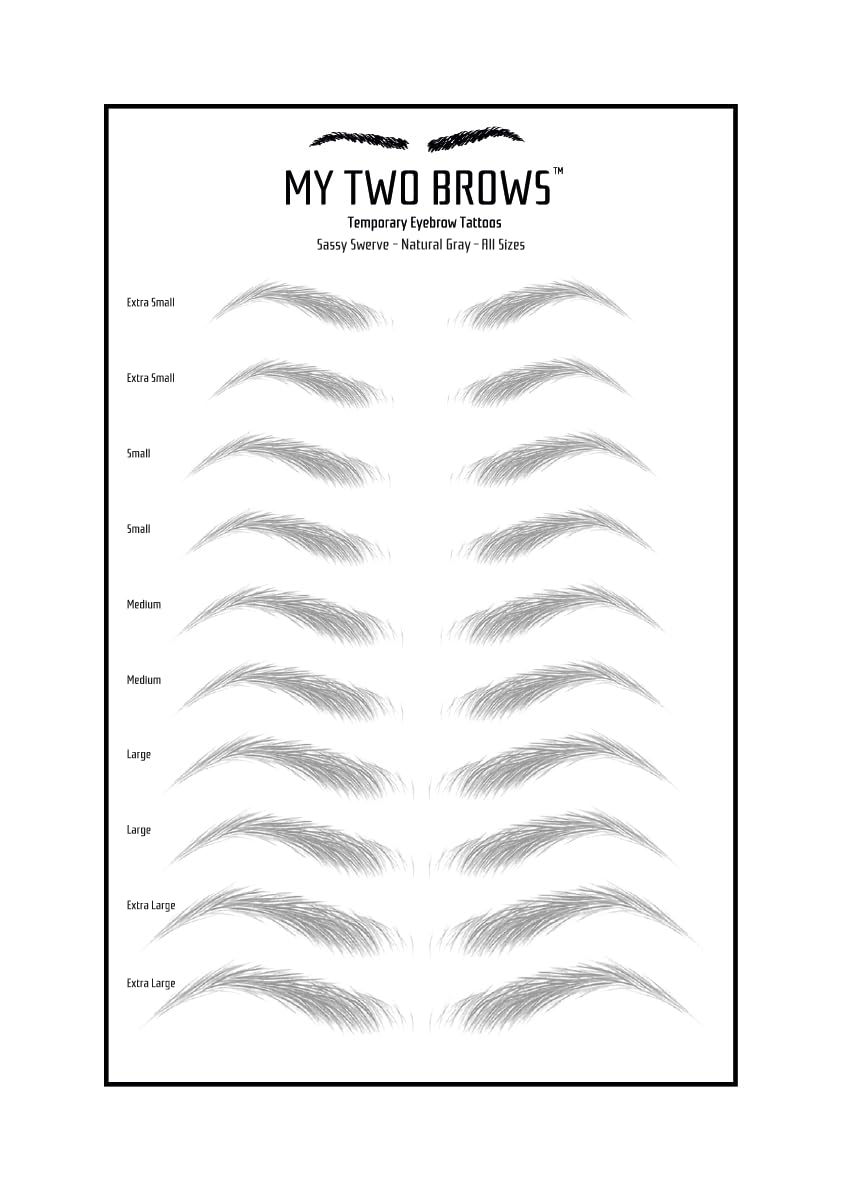 (10 pairs) Natural Gray Temporary Eyebrow Tattoo - Extra Large Size - Waterproof & Smudgeproof - Sassy Swerve Style Eyebrow Stickers - Sheet Lasts up to 30 Days - Won't Work on Existing Brows