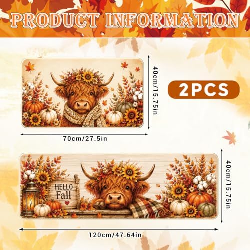 Fall Kitchen Mat Set of 2, Autumn Pumpkin Highland Cow Kitchen Rug - Image 3
