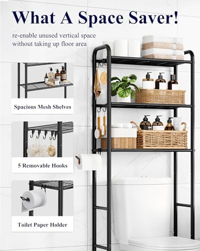 Kitsure Over Toilet Storage Rack, 63.2" H Space-Saving, Holder & Hooks - Image 4