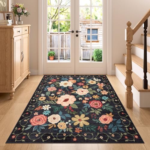 DUKINO 4x5 Area Rug for Entryway, Soft Floral Washable Rug Non Slip by DUKINO