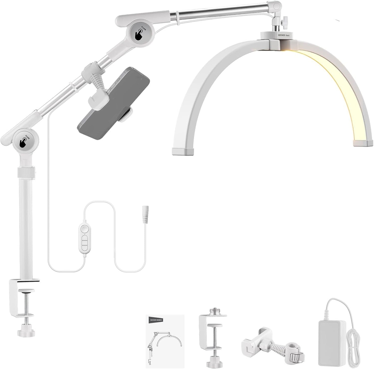 NEEWER Basics 22" Half Moon Lash Light with Articulating Desk Clamp Mount Stand/Phone Holder, 32W Foldable LED Nail Tech Table Arc Lamp for Makeup Beauty Tattoo Overhead Video Recording, HM03-D