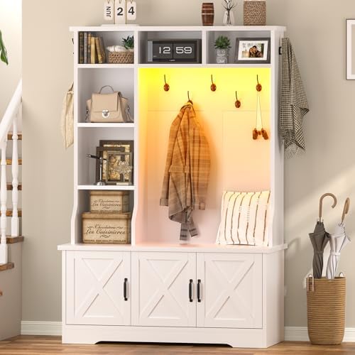 White Hall Tree with Bench and Shoe Storage, Entryway Bench with Storage by CSZZD