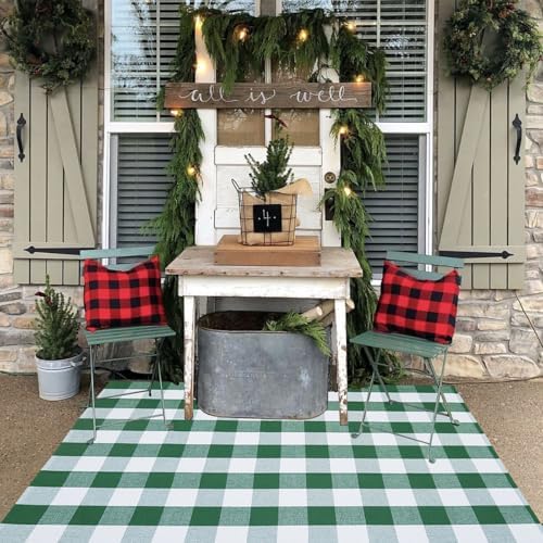 Green & White Christmas Plaid Rug, Hello/Welcome Door Mat Layering Rug - Image 4