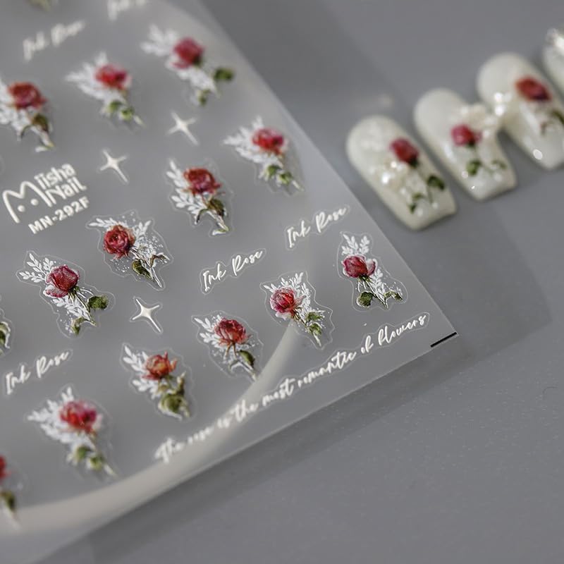 5D Embossed Nails Art Stickers Nail Decals for DIY Nail Art Self-Adhesive Nail Stickers for Nail Art Nail Supplies Accessories for Women Girls Kids (1, Red Rose)