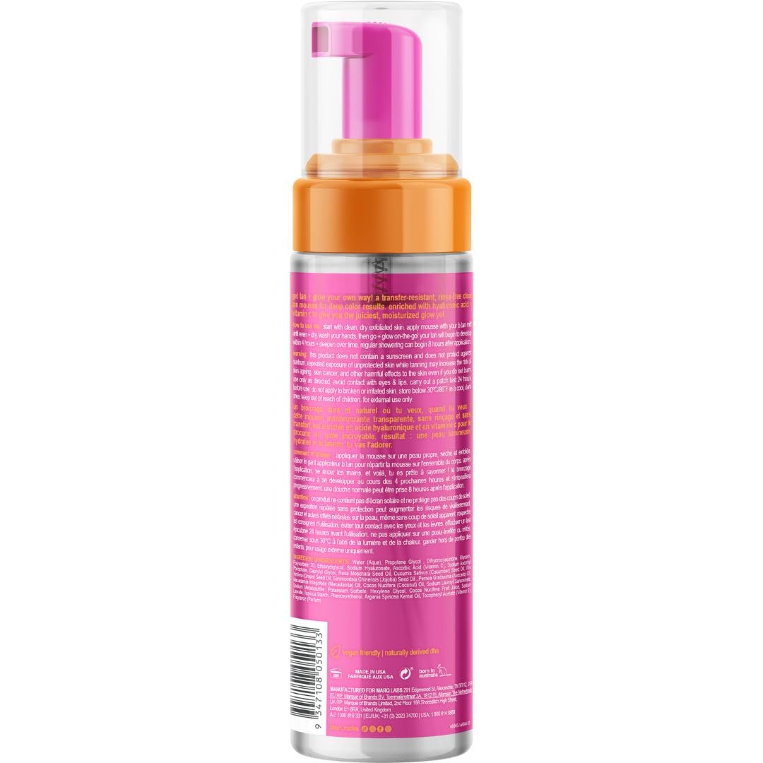 b.tan Clear Self Tanner Foam | Glow Your Own Way - Rinse Free, Best 1 Hour Express Sunless Tanning Water Mousse, Dark, No Transfer, Moisturizing, Face & Body, No Fake Tan Smell, 6.7 Fl oz