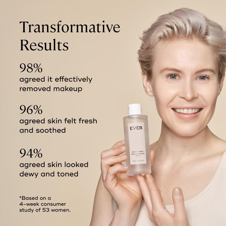 EVER Beauty Water Micellar Cleaning Water & Eye Makeup Remover – Rose Water, Lactic Acid & Pro/Prebiotics Cleanser for Sensitive Skin, Removes Waterproof Makeup, Tones & Hydrates - 5.9 fl oz