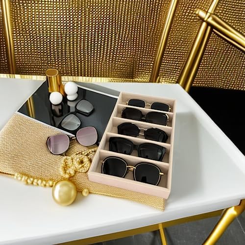 Luxurious 5 Grid Beige Velvet Eyewear Storage Sunglasses Jewelry Tray Organizer - Image 4