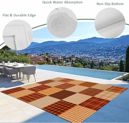Outdoor Rug, Fall Orange Plaid Gingham Check Indoor Area Rug Outdoor Carpet RV - Image 4