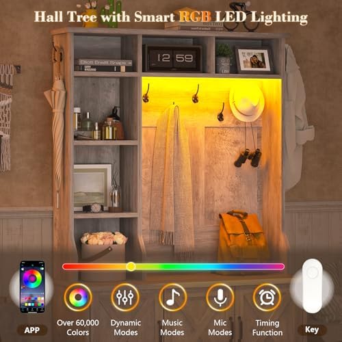 Hall Tree with Bench and Shoe Storage, LED Entryway Bench with Coat Rack - Image 3