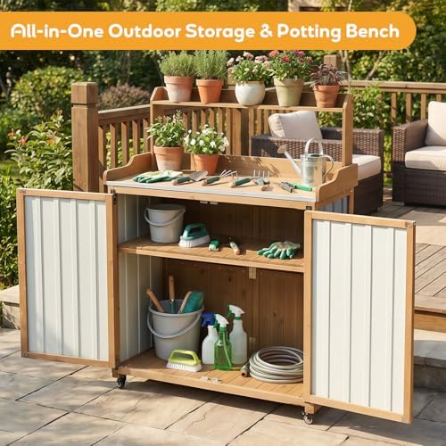 Potting Bench with Storage & Wheels, Mobile Outdoor Cabinet - Image 2