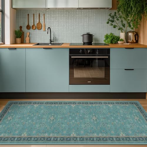 Teal Boho 2x5 Non Slip Small Kitchen Rug Runner by HazoHaus