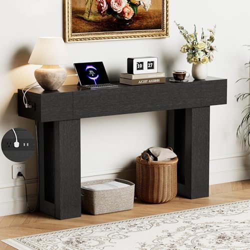 63 Inch Long Console Table w/Outlets & USB Ports, Narrow Rectangular Sofa Table by TEROL