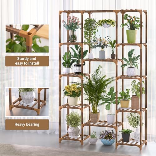 Uneedem Plant Stand Indoor Outdoor, 12 Tiered Plant Shelf Wood Plant Rack - Image 2