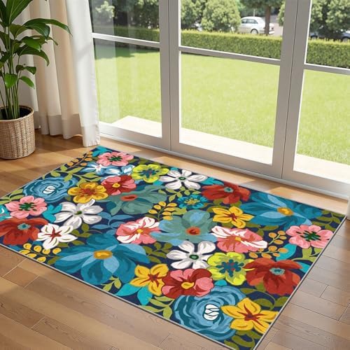 3x5 Flower Entry Rug, Washable Indoor Outdoor Mats by Othilic