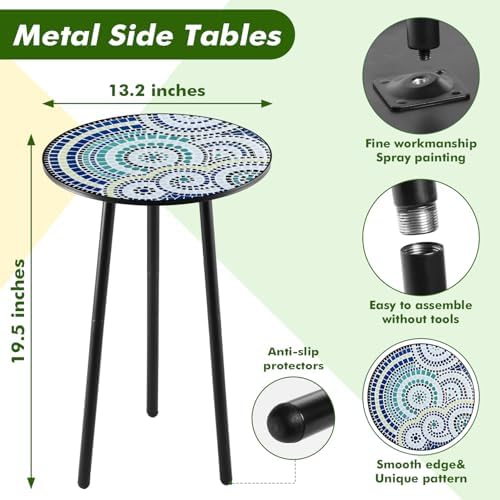 Party Zealot 2 Packs Metal Mosaic Round Side Tables 13.4" Small Outdoor Patio - Image 3