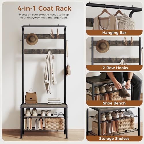 Hall Tree with Bench and Shoe Storage, 4-in-1 Entryway Organizer with 10 Hooks - Image 4