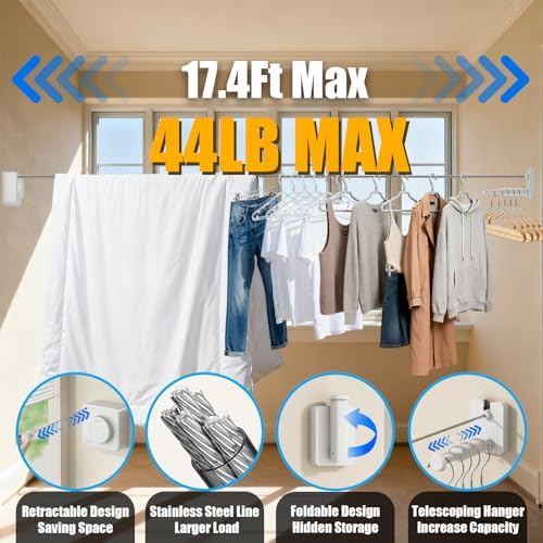 Retractable Clothesline Indoor Outdoor 17.4Ft Non-Sag Drying Rack - Image 3