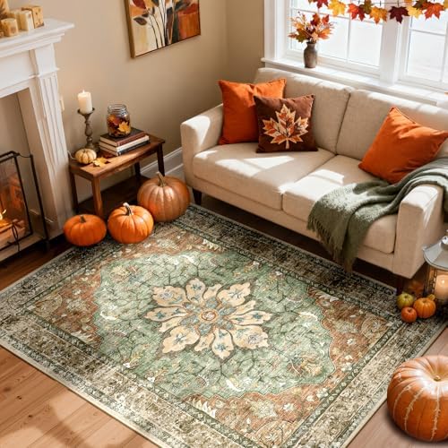 RELEANY Washable Area Rug, Brick/Brown/Green by RELEANY