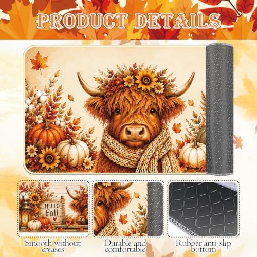 Fall Kitchen Mat Set of 2, Autumn Pumpkin Highland Cow Kitchen Rug - Image 4