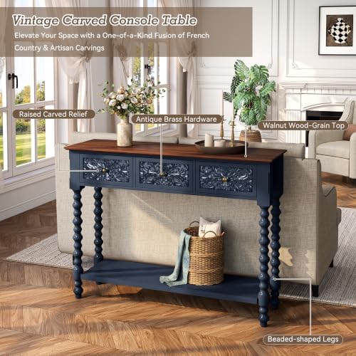 Blue Console Table with 3 Vintage Carved Drawers - Image 5