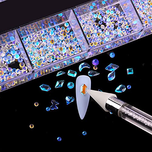 Nail Rhinestones Kit, Nail Art Decorations with Wax Pencil Flat AB Rhinestones Kit DIY Crafts Gemstones for Nail, Shoes, Clothes, Jewels (600 Aurora Diamonds + 2500 Flat Rhinestone)