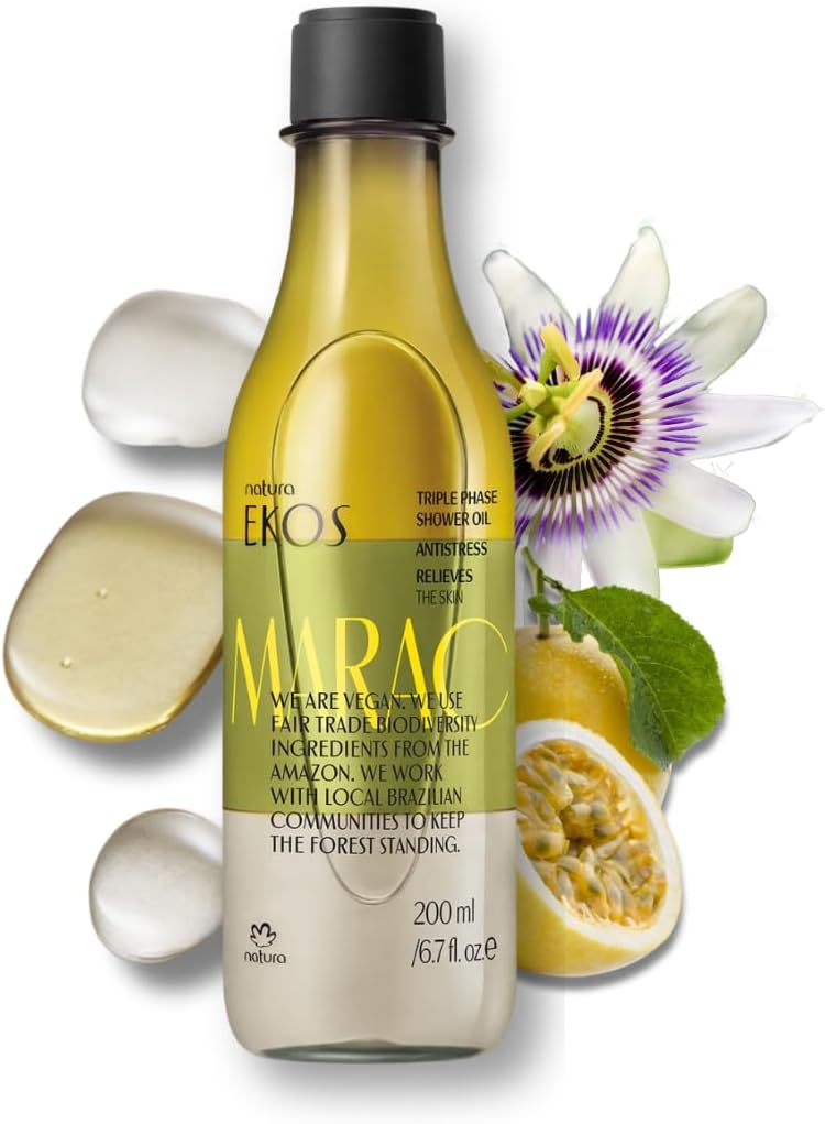 NATURA - Ekos Maracujá Triple Phase Shower Oil - Calming In-Shower or Bath Oil - Scented - Skin Moisturizer - Vegan Skin Care - Brazilian Beauty Secrets - Self Care - 6.7 fl oz (200ml)