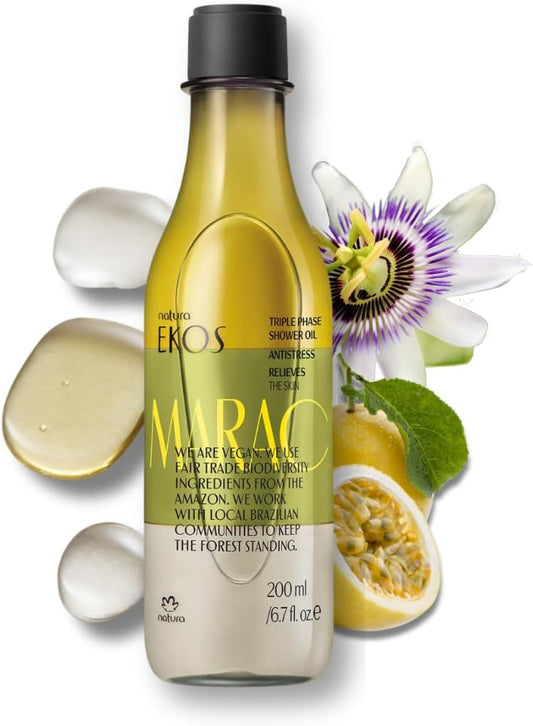 NATURA - Ekos Maracujá Triple Phase Shower Oil - Calming In-Shower or Bath Oil - Scented - Skin Moisturizer - Vegan Skin Care - Brazilian Beauty Secrets - Self Care - 6.7 fl oz (200ml)