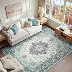 RELEANY Washable Area Rug, Teal Green/White/Navy by RELEANY