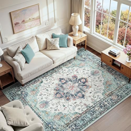 RELEANY Washable Area Rug, Teal Green/White/Navy by RELEANY