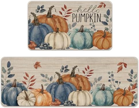 Fall Hello Pumpkin Kitchen Rugs Set of 2 by Livcoz