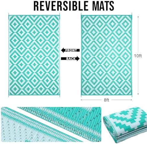 OLANLY Outdoor Rug 8x10 ft Waterproof Reversible Mat, Turquoise & White - Image 2