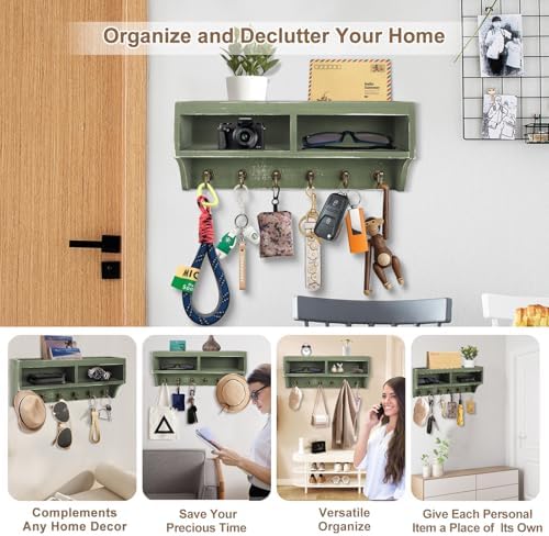 Key Holder Wall Mount with Mail Organizer, 6 Hooks & Shelf - Image 2
