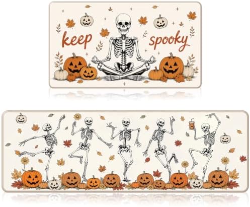 Fall Kitchen Mats Set of 2, Autumn Pumpkin Skull Kitchen Rug by VISSTREE