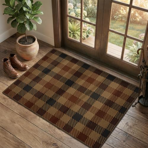 Easy Jute 2x3 Entryway Rug, Washable Non Slip Brown & Red Plaid by JTJ
