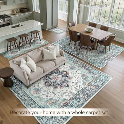 RELEANY Washable Area Rug, Teal Green/White/Navy - Image 3