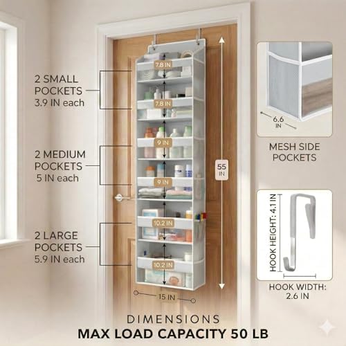 HOMELUX THEORY Over the Door Organizer, 100D Fabric, Light Gray 1pc - Image 3