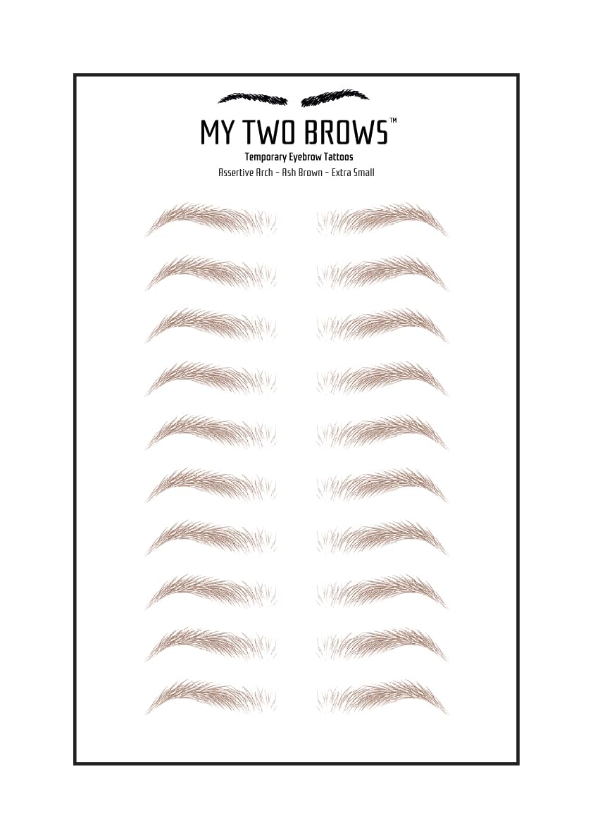 (10 pairs) Ash Brown Temporary Eyebrow Tattoo - Extra Small Size - Waterproof & Smudgeproof - Assertive Arch Style Eyebrow Stickers - Sheet Lasts up to 30 Days - Won't Work on Existing Brows