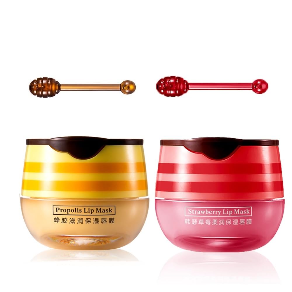 2 Pcs Lip Balm Honey Pot, Honey & Strawberry Moisturizing Lip Mask Reduces Lip Lines, Prevention Dry and Cracked Lip Scrubs Exfoliator. (Honey & Strawberry)