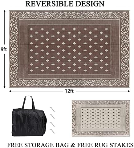 Pauwer Waterproof Outdoor Rug 9x12, Plastic Patio Rug, Bordered Brown - Image 2