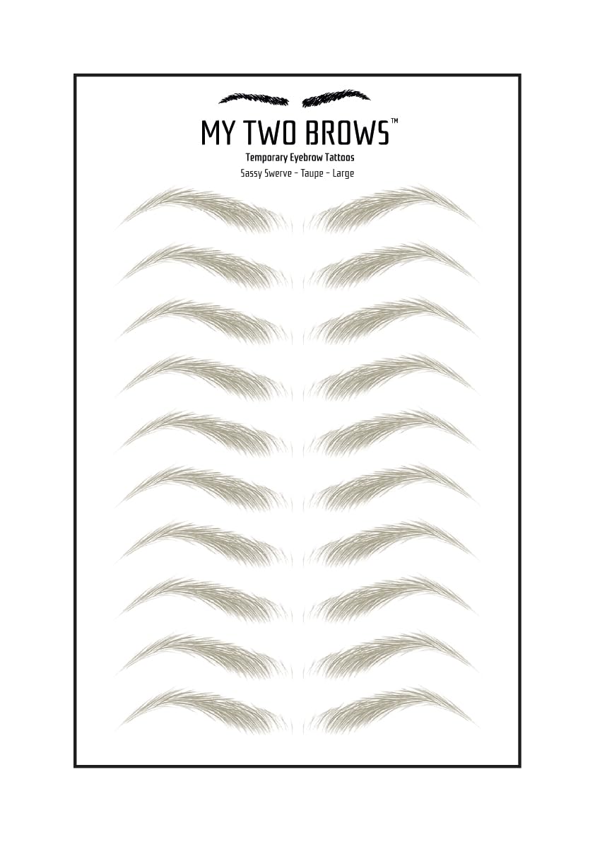 (10 pairs) Taupe Temporary Eyebrow Tattoo - Large Size - Waterproof & Smudgeproof - Sassy Swerve Style Eyebrow Stickers - Sheet Lasts up to 30 Days - Won't Work on Existing Brows