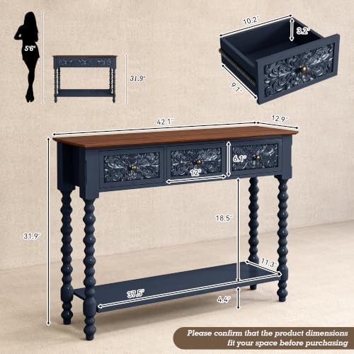 Blue Console Table with 3 Vintage Carved Drawers - Image 2