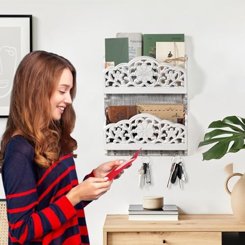 Key and Mail Holder for Wall, 2-Slot Mail Organizer Wall Mount 5 Key Hooks - Image 5