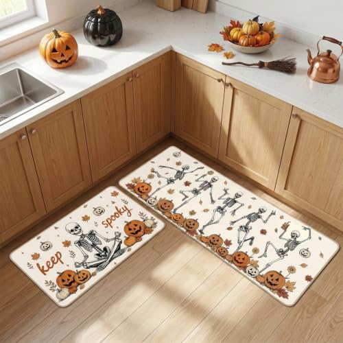 Fall Kitchen Mats Set of 2, Autumn Pumpkin Skull Kitchen Rug - Image 6