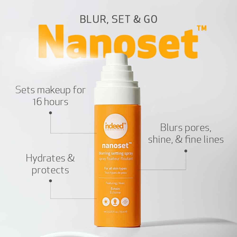 Indeed Labs Nanoset Blurring Setting Spray - Made With Ectoin - Lightweight, Long Lasting, Mattifying, Revitalizes, Controls Shine, Refreshes, Hydrates, All-Day Wear (Setting Spray)