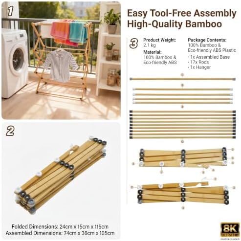 Bamboo Clothes Drying Rack, 3-Tier Tall Laundry Drying Rack - Image 2
