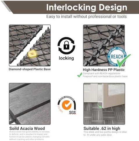 PrimeZone 54 PCS Solid Acacia Wood Interlocking Patio Deck Tiles Outdoor - Image 4