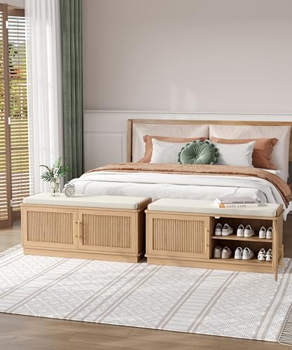 Akxomel 39.4" Fluted Shoe Storage Bench 2 Doors Wooden Entryway Bench Oak - Image 6