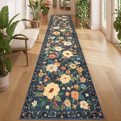 DUKINO 2.6x12 Kitchen Runner Rug, Floral Non Slip Washable Rug by DUKINO