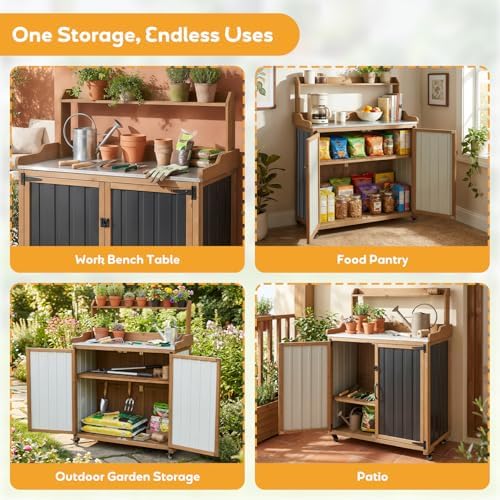 PetsCosset Potting Bench with Storage, Mobile Outdoor Cabinet with Wheels - Image 6
